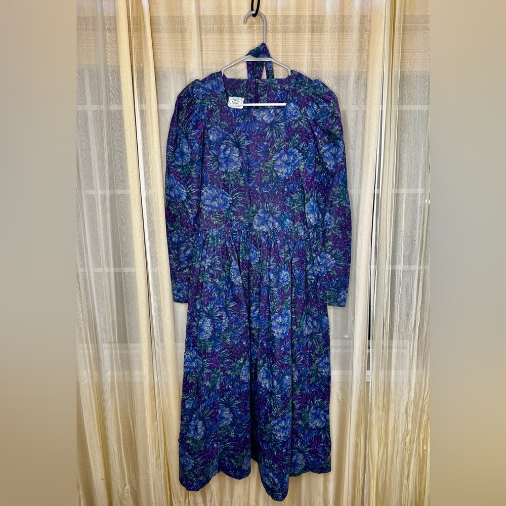 Laura Ashley Long Sleeve Floral Dress in Blue and Purple